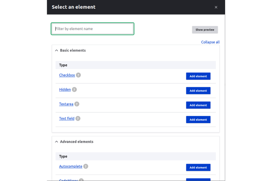 Listing of elements Elements list