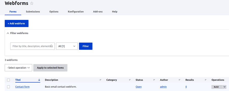 Webform module - tabs Webform - basic functions