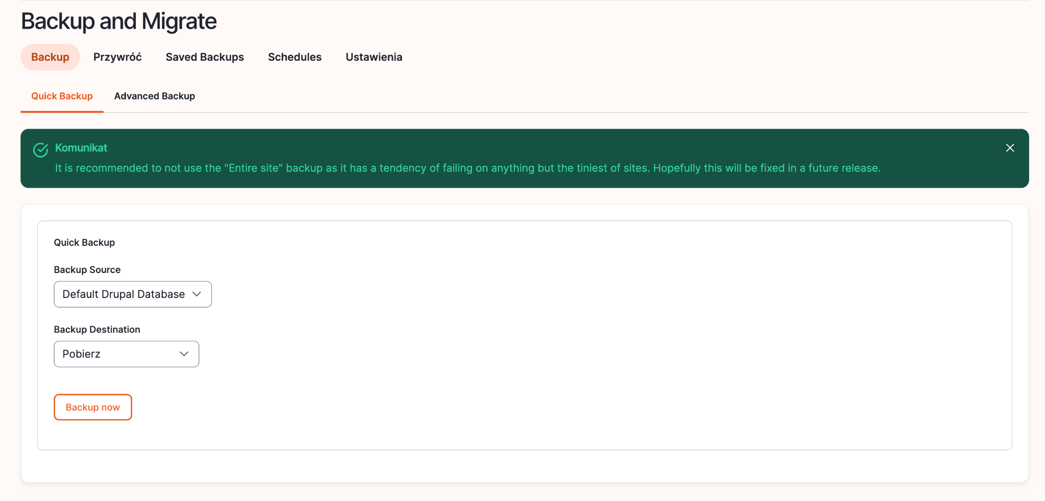 Moduł Backup and Migrate - eksport danych Eksportowanie danych w module