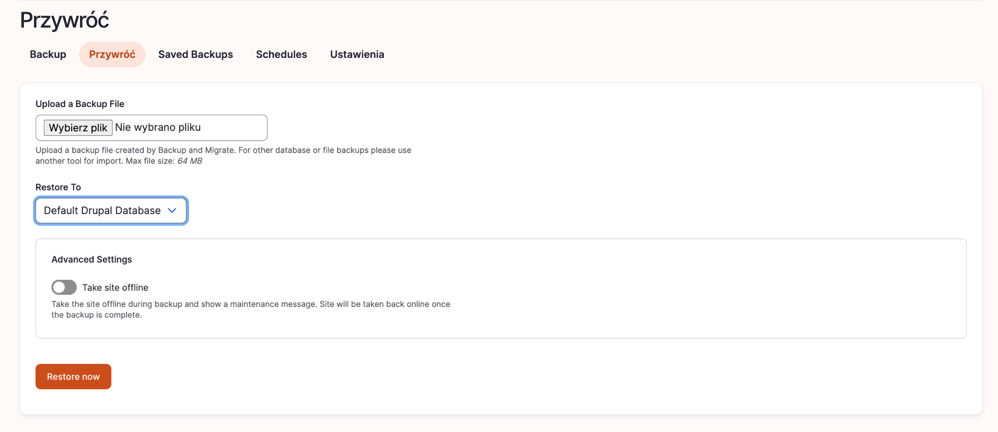Backup and Migrate - importowanie Import danych w Backup and Migrate
