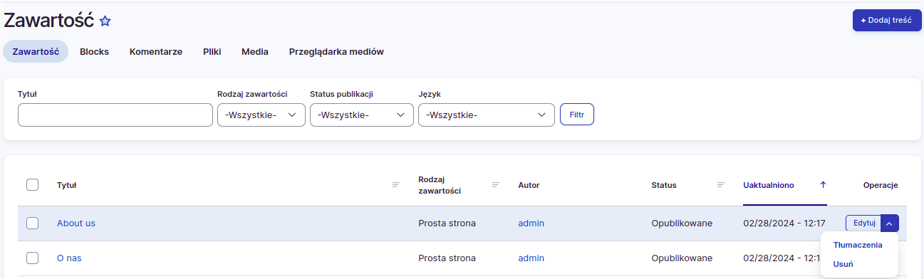 Edycja tłumaczeń Zawartość - tłumaczenie