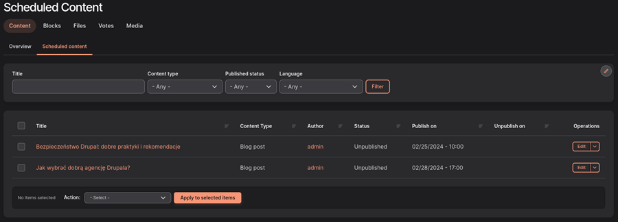 Content listing in the Scheduler module Scheduler module - content listing