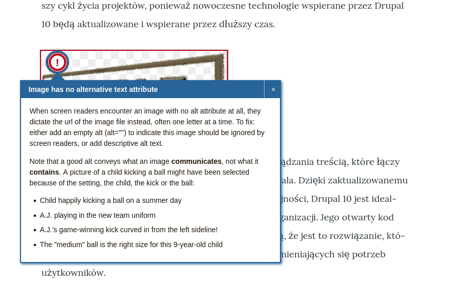 Moduł Editoria11y - notyfikacje Wyświetlane informacje