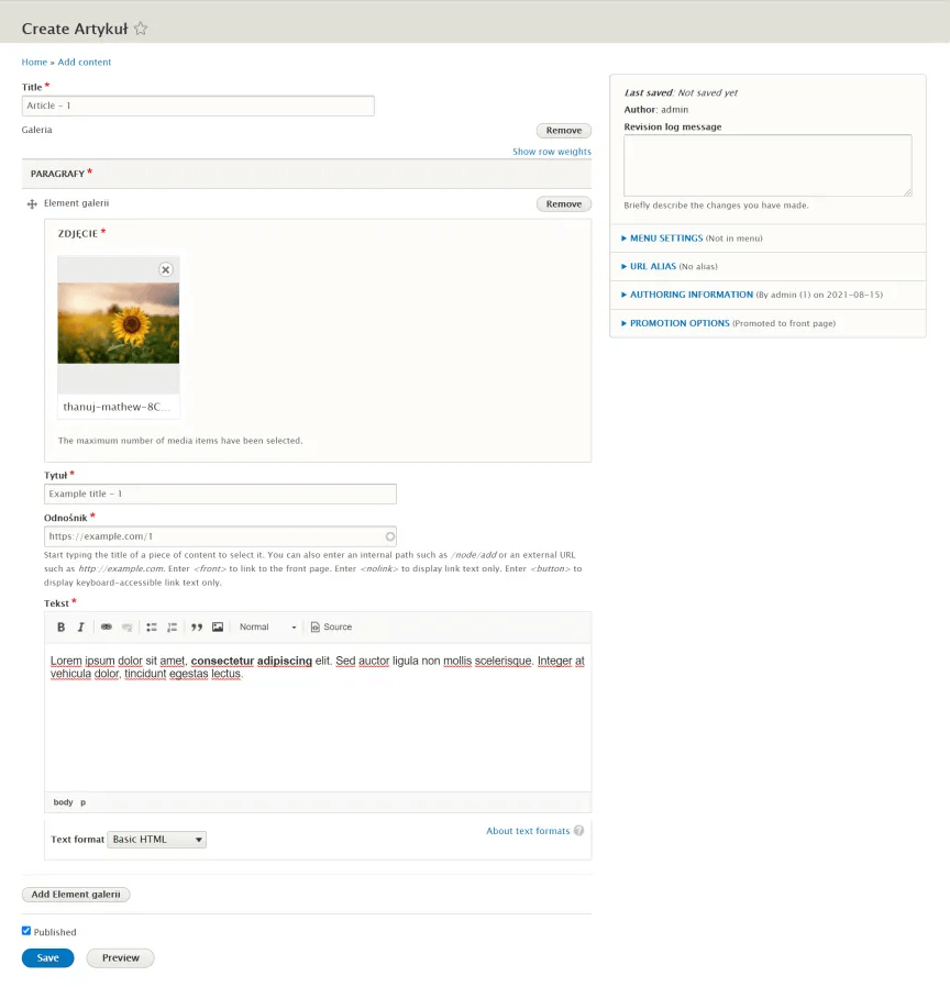 Creating an article Creating a Drupal article