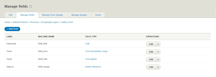 Field management view in the Paragraphs module Field management