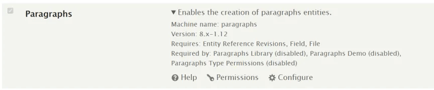 Module list view Paragraphs module in the module list