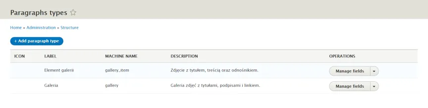 View of the paragraph types list List of paragraph types