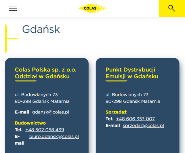 Szczegóły rozwiązania Colas - zakładka kontaktu