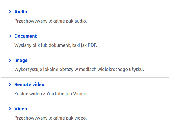 Drupal - lista typów multimediów Typy multimediów w Drupalu