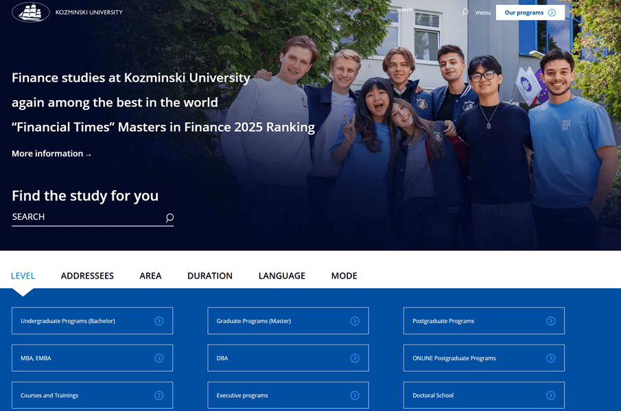 Koźmiński University website on Drupal Homepage Kozminski University