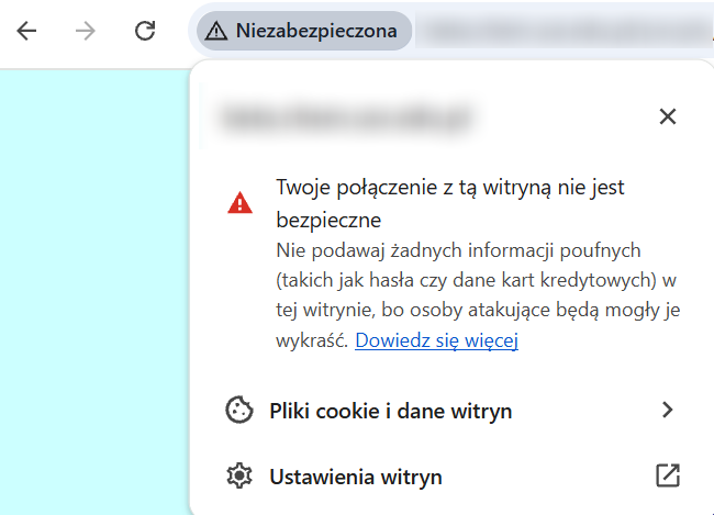 Niezabezpieczone połączenie z witryną Protokół nieszyfrowany