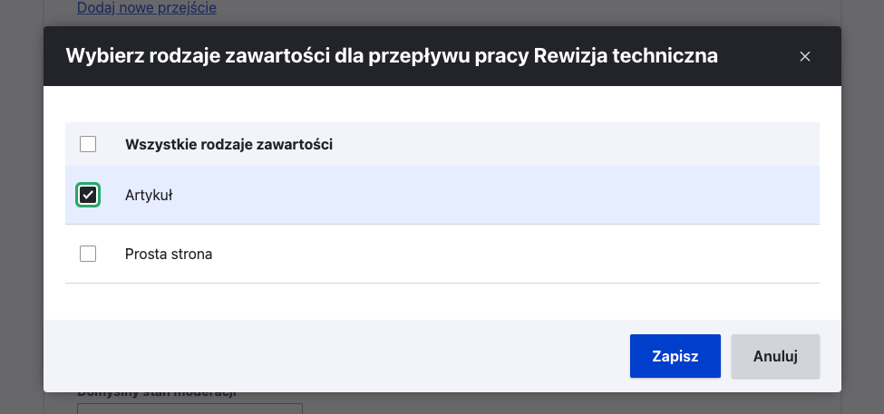 Przypisanie workflow do typu treści Jak dodać przepływ pracy do typu contentu