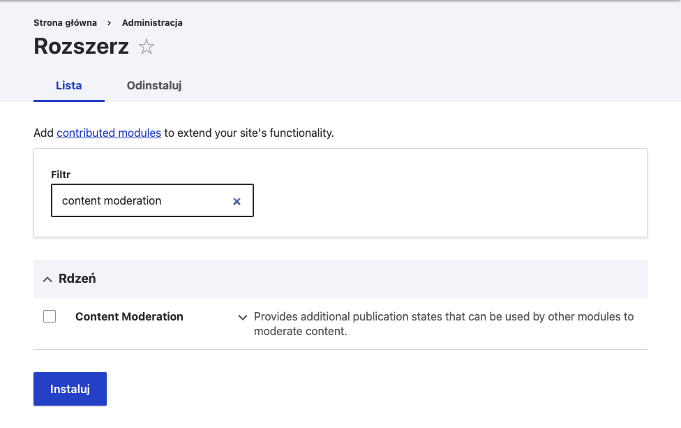 Instalacja rozszerzenia Drupala - Content Moderation Jak zainstalować moduł Content Moderation
