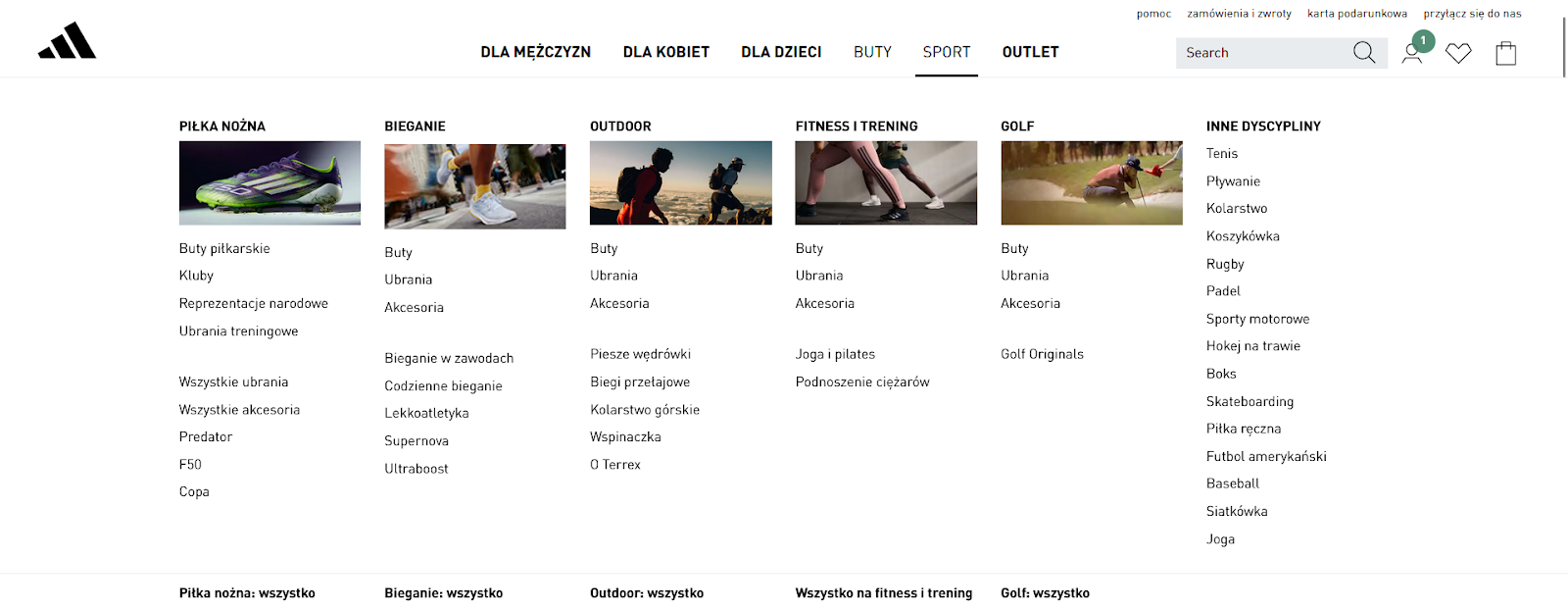 Menu na stronie internetowej Adidas Mega menu na stronie Adidas