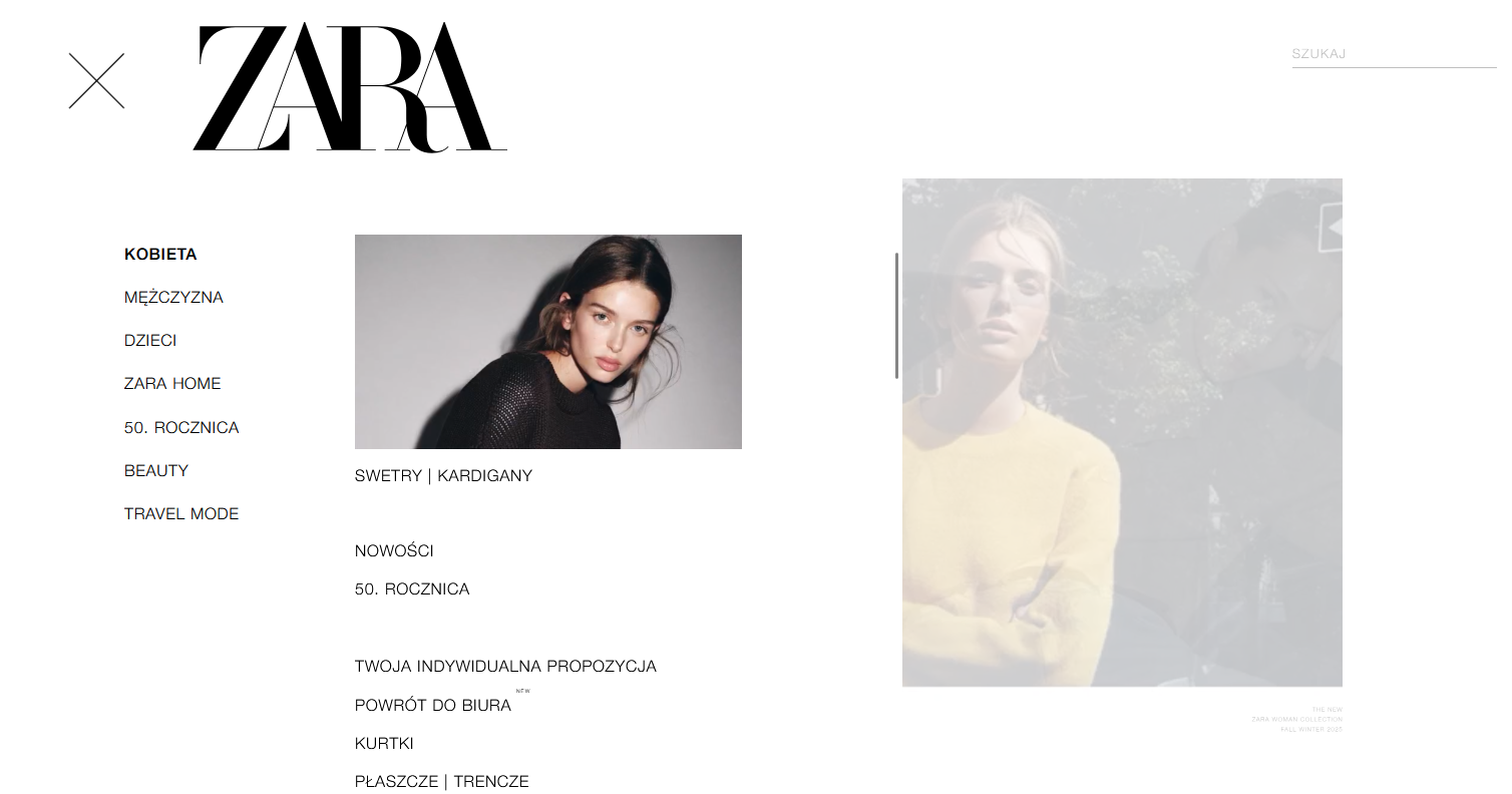 Menu sklepu internetowego Zara Menu na stronie Zara