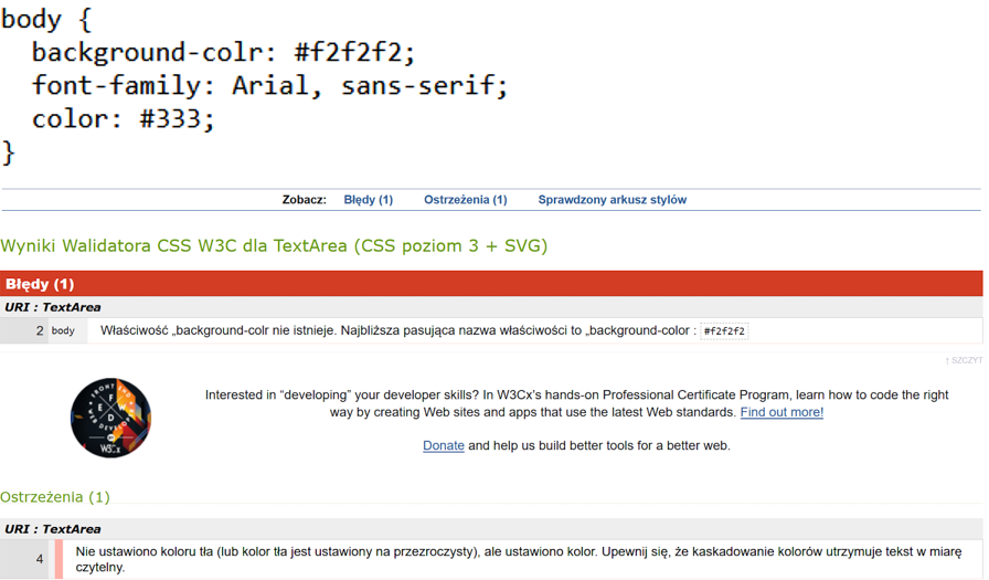 Raport z walidacji CSS Walidacja krótkiego fragmentu CSS