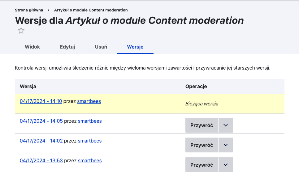 Moderowanie wersji contentu