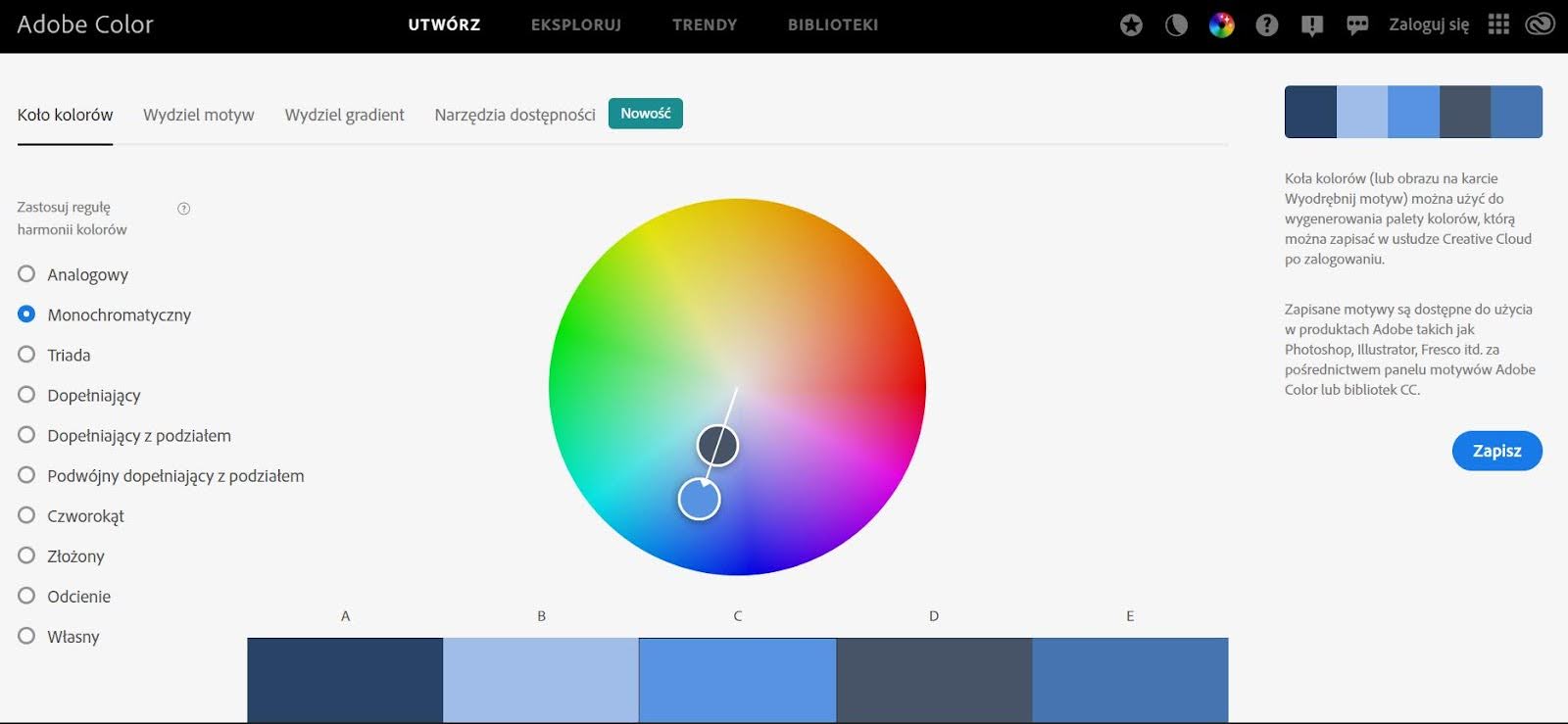 Gama kolorystyczna strony wybrana metodą monochromatyczną