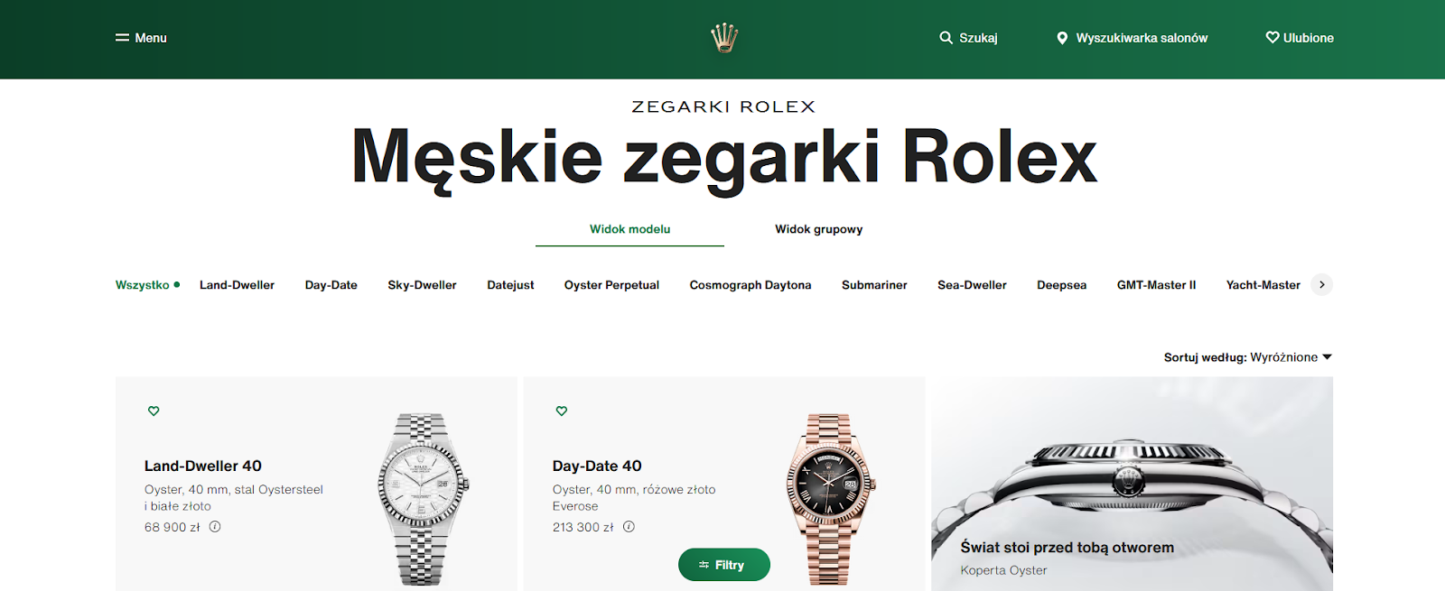 Gama kolorystyczna strony internetowej Rolex