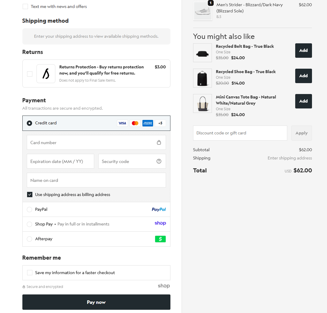 Allbirds - przykład jednostronicowego koszyka