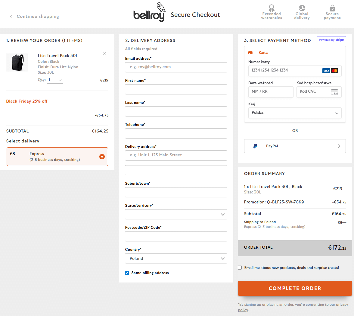 Bellroy - przykład jednostronicowego koszyka