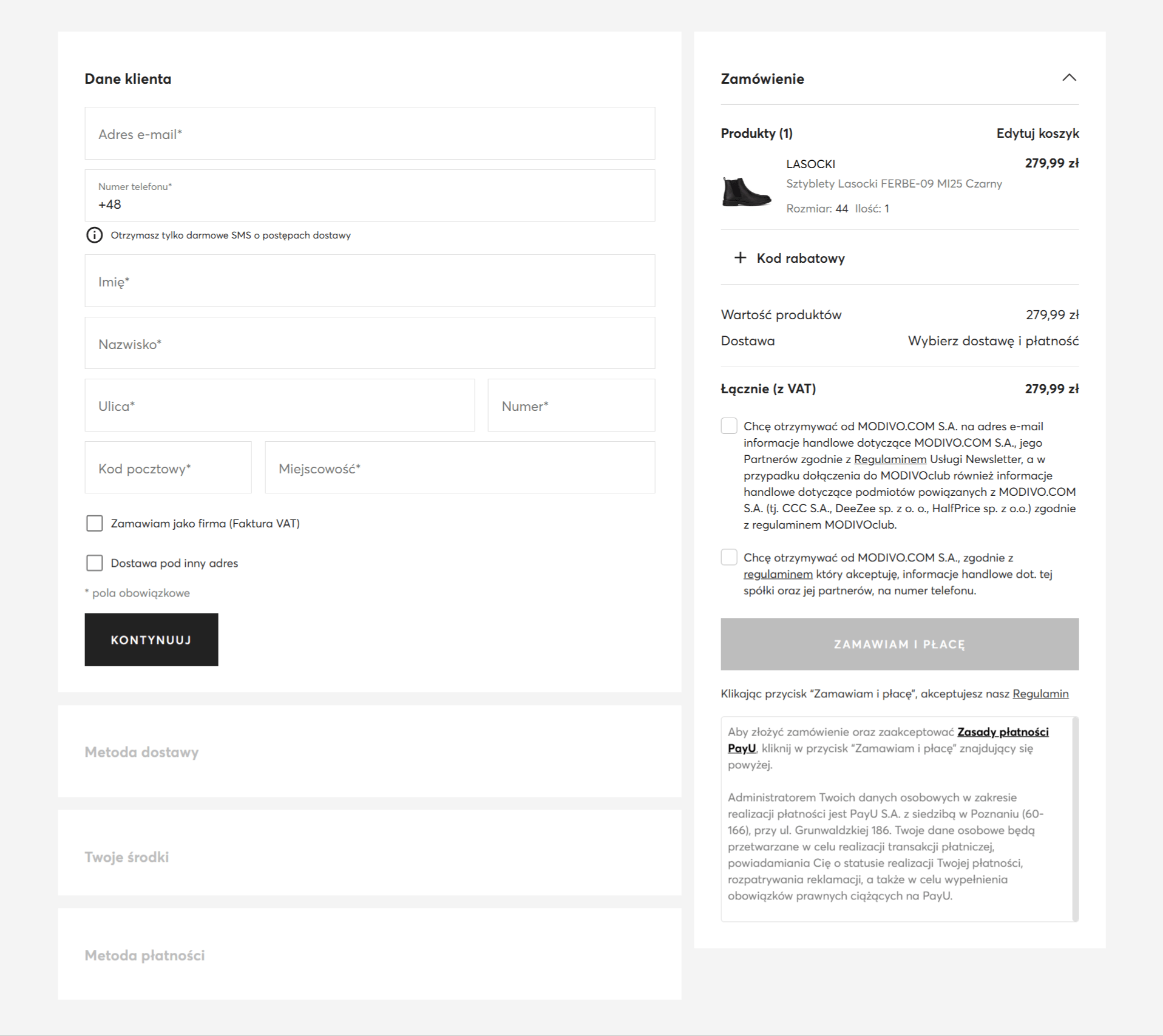 eobuwie.pl - przykład jednostronicowego koszyka