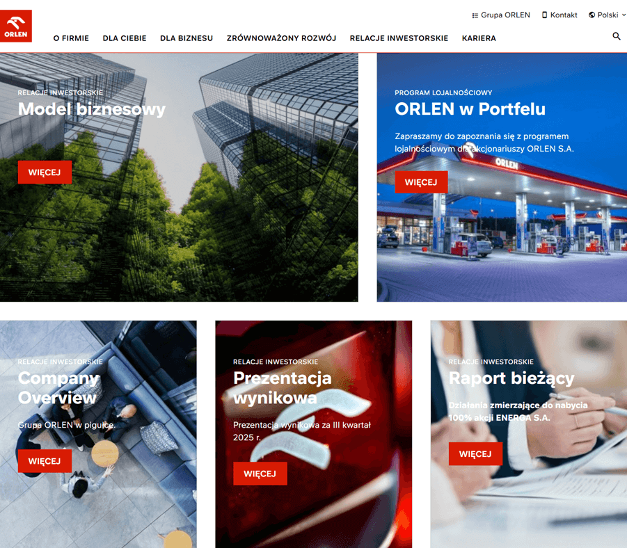 Sekcja Relacje inwestorskie na stronie Orlen