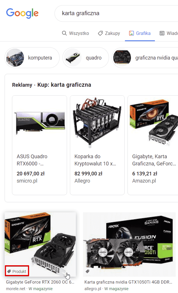 Grafika z etykietą Produkt w Google Grafika