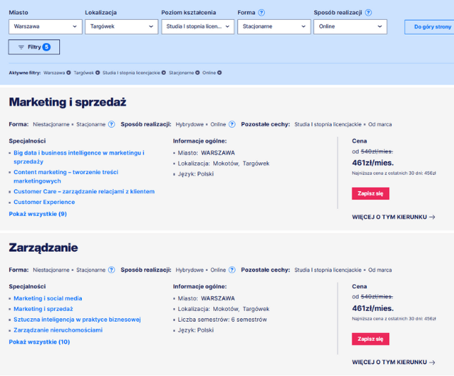 Lista kierunków Dynamiczny listing kierunków