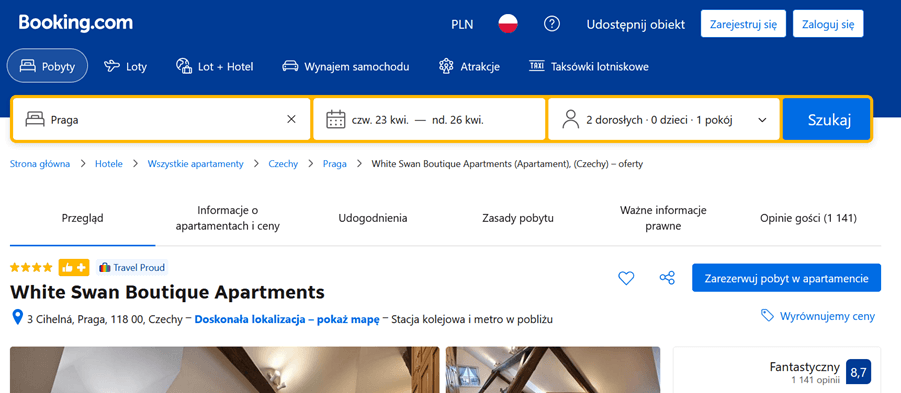 Nawigacja okruszkowa na stronie booking