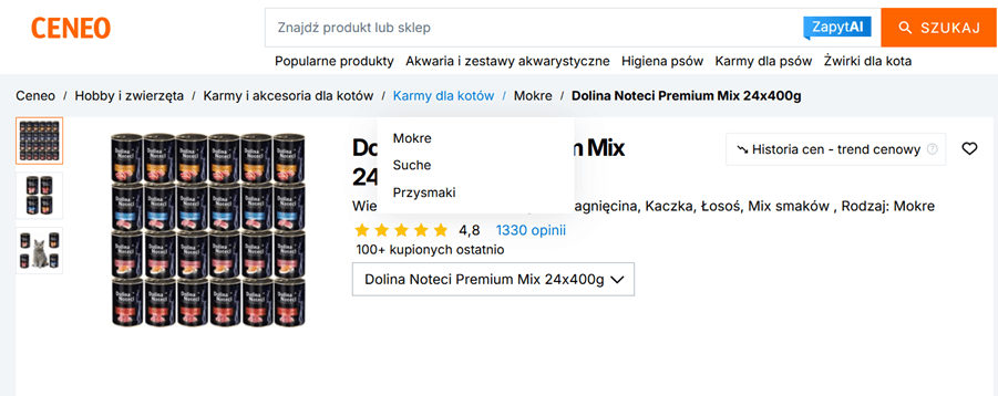 Nawigacja okruszkowa na stronie Ceneo