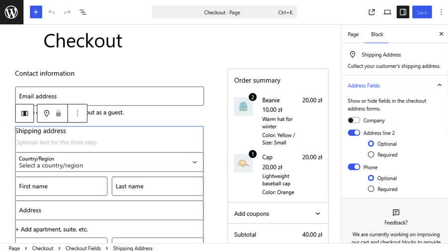 WooCommerce - widok checkoutu