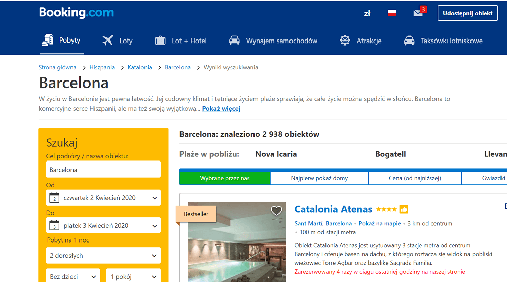 Jak wyglądają breadcrumbs na booking.com Breadcrumbs na Booking.com