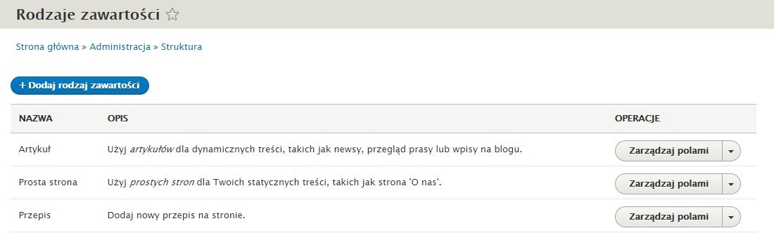 Rodzaje zawartości - dodawanie w panelu Rodzaje zawartości - dodawanie w panelu