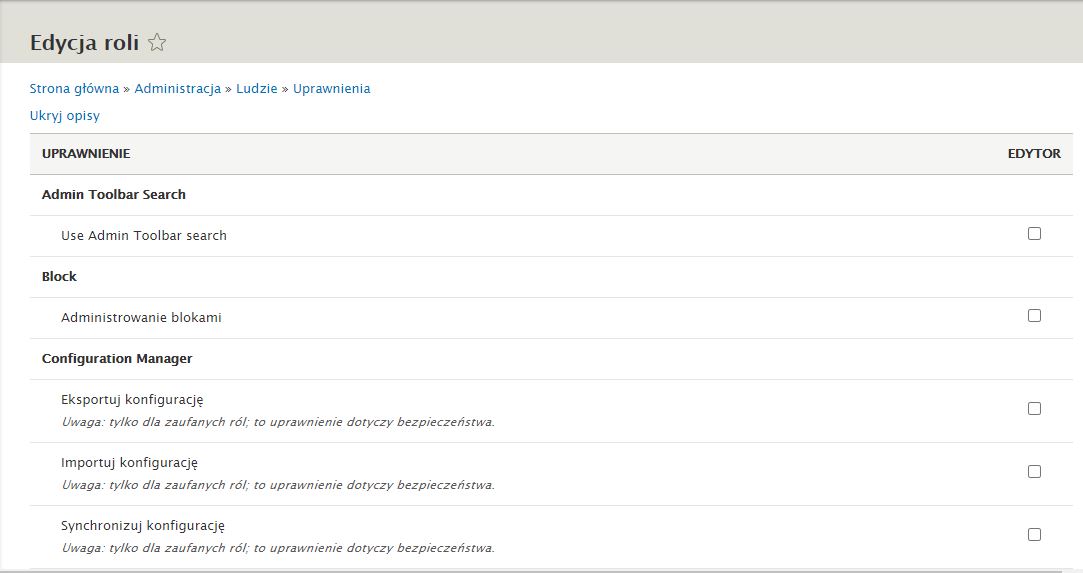 Edycja roli - panel administracyjny