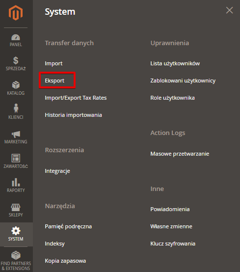 Eksportowanie danych z Magento Eksportowanie danych z Magento