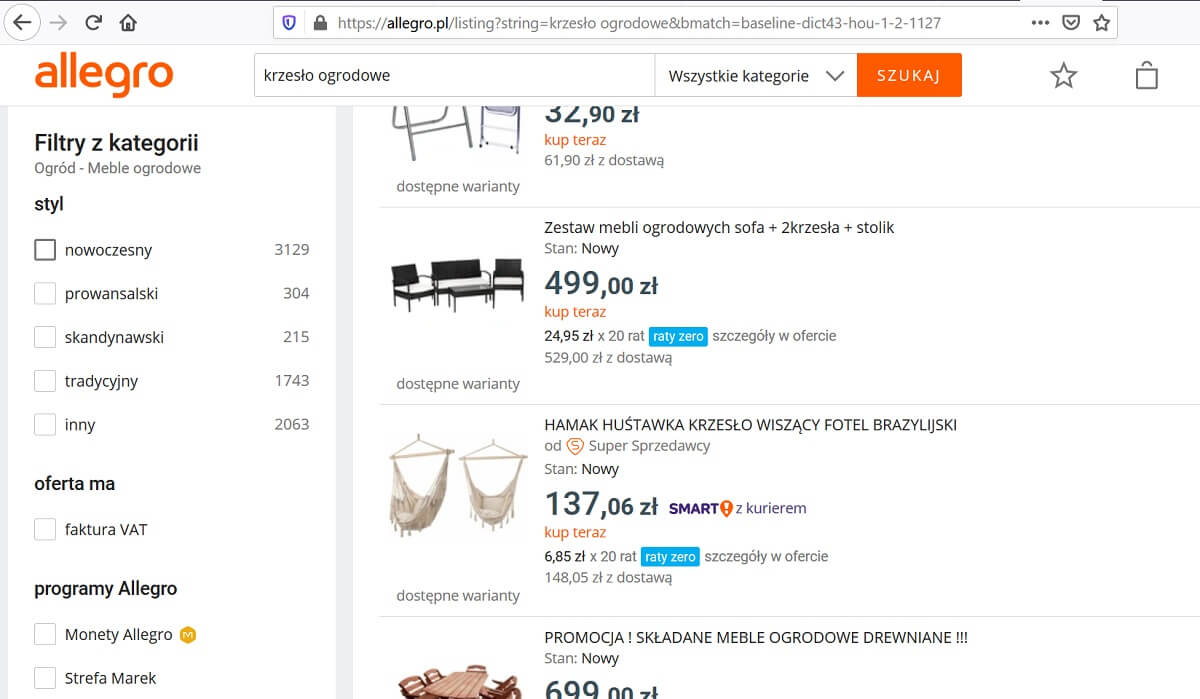 Filtrowanie w wyszukiwarce Allegro