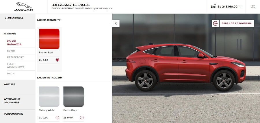 Konfigurator produktu na stronie Jaguara Konfigurator produktu w Jaguarze