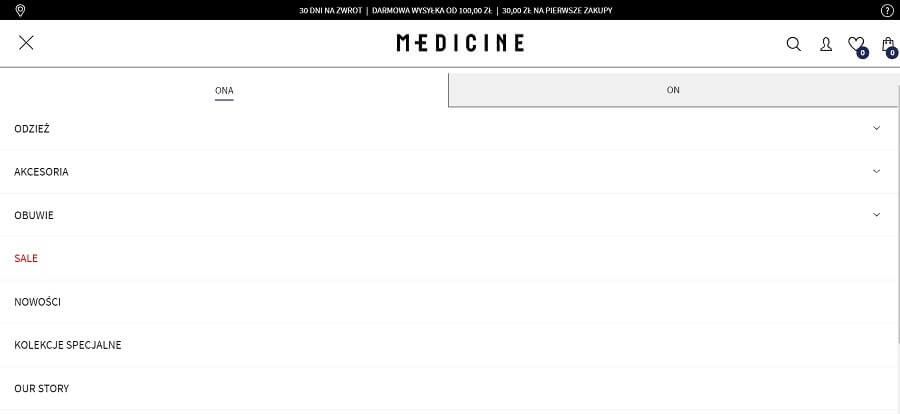 Rozwinięte hamburger menu sklepu Medicine Rozwinięte menu sklepu Medicine