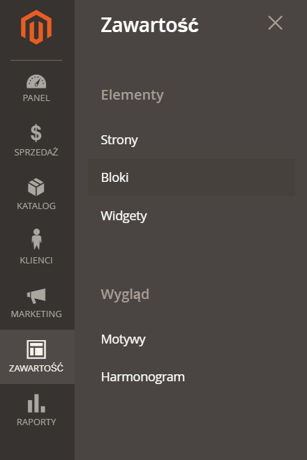 Sekcja Zawartość w panelu administracyjnym Magento