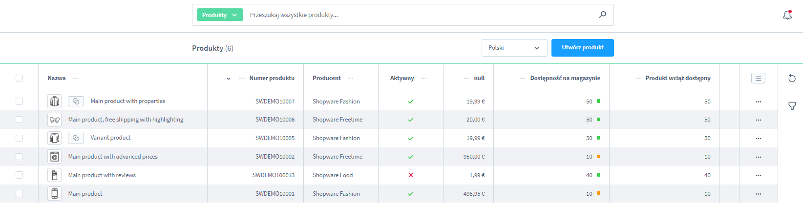 Zarządzanie produktami Shopware 6