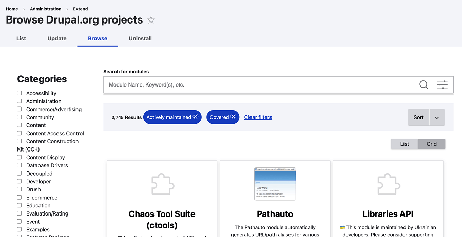 Drupal przeglądarka modułów Przeglądarka modułów Drupal 10