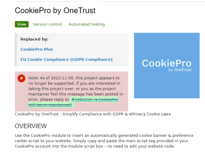 Przestarzały i nieaktualizowany moduł Moduł CookiePro by OneTrust