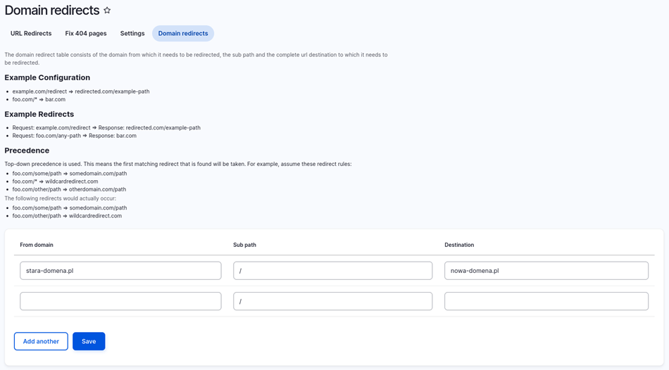 Redirect Domain - moduł podrzędny Podmoduł Redirect Domain