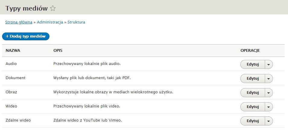 Typy mediów w panelu administracyjnym Typy mediów w panelu administracyjnym
