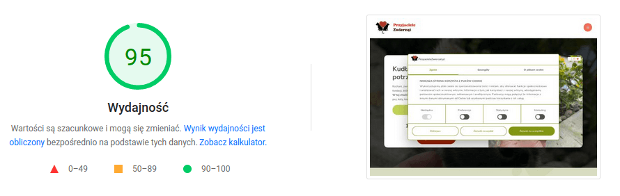 przyjacielezwierząt.pl - wynik wydajności Wydajność witryny przyjacielezwierzat.pl