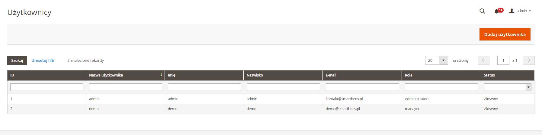 Dane o użytkownikach sklepu Magento Podstawowe informacje o użytkownikach Magento