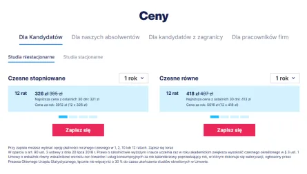 Cennik na stronie WSB Merito