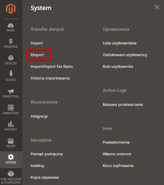 Eksportowanie danych z Magento