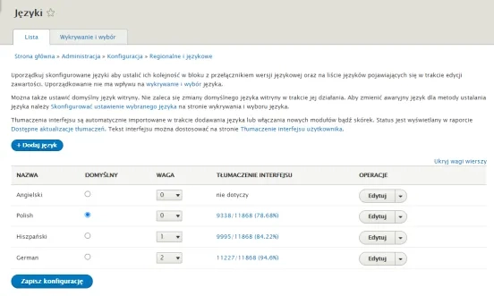 Konfiguracja języków w panelu